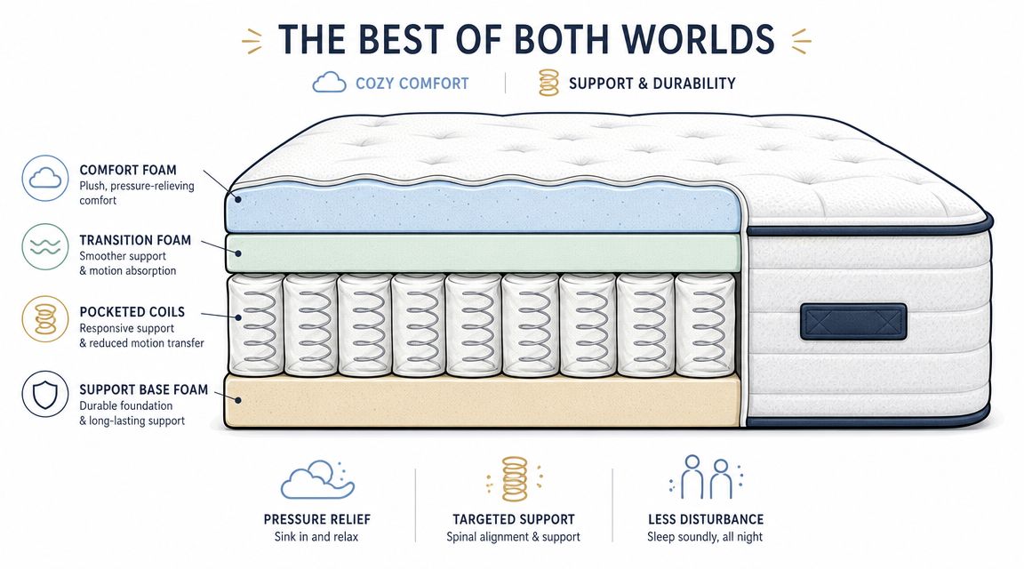 A cutaway illustration of a hybrid mattress showing its layered structure of comfort foam, transition foam, pocketed coils, and base foam.