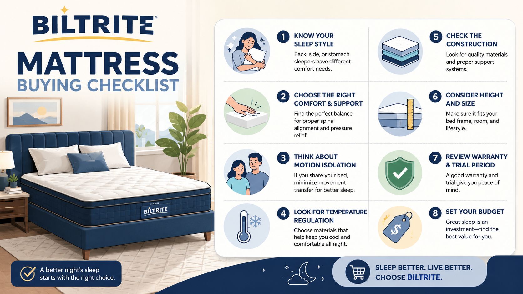 An infographic titled Biltrite Mattress Buying Checklist outlining eight essential steps for choosing the right mattress.