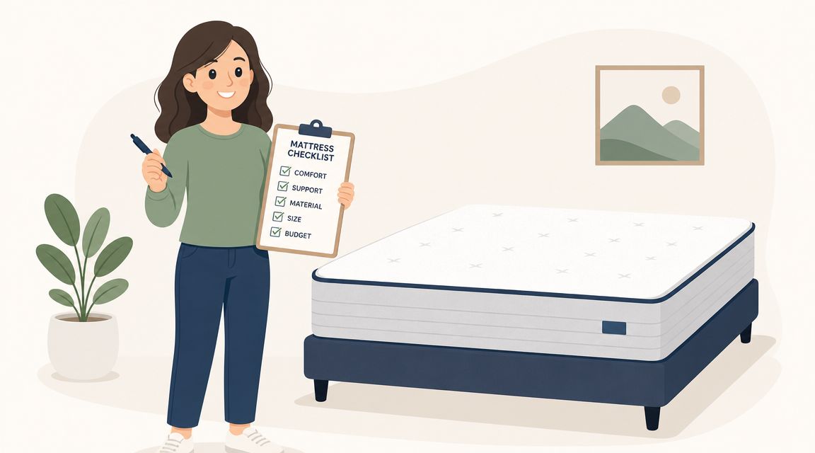 A woman holding a clipboard with a mattress checklist standing next to a new bed mattress.