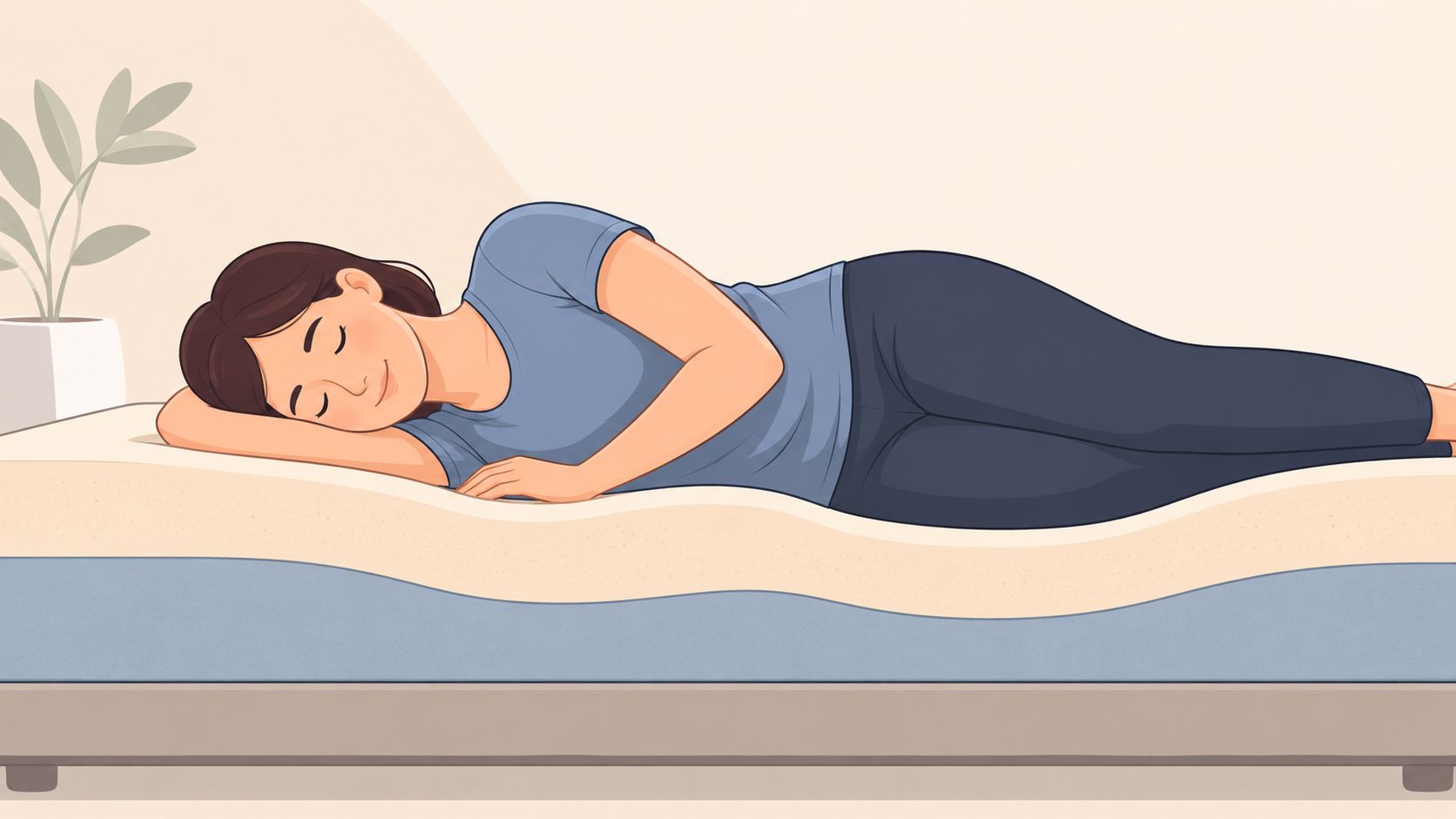 A young woman sleeping comfortably on her side on a high-quality memory foam mattress illustration.