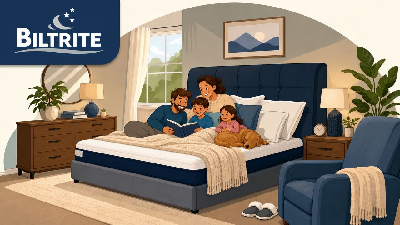 A happy family reading a book together on a comfortable Biltrite visco foam mattress in their bedroom.
