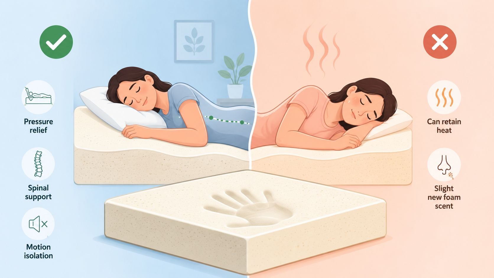A comparison infographic showing the pros and cons of memory foam mattresses for better sleep quality.