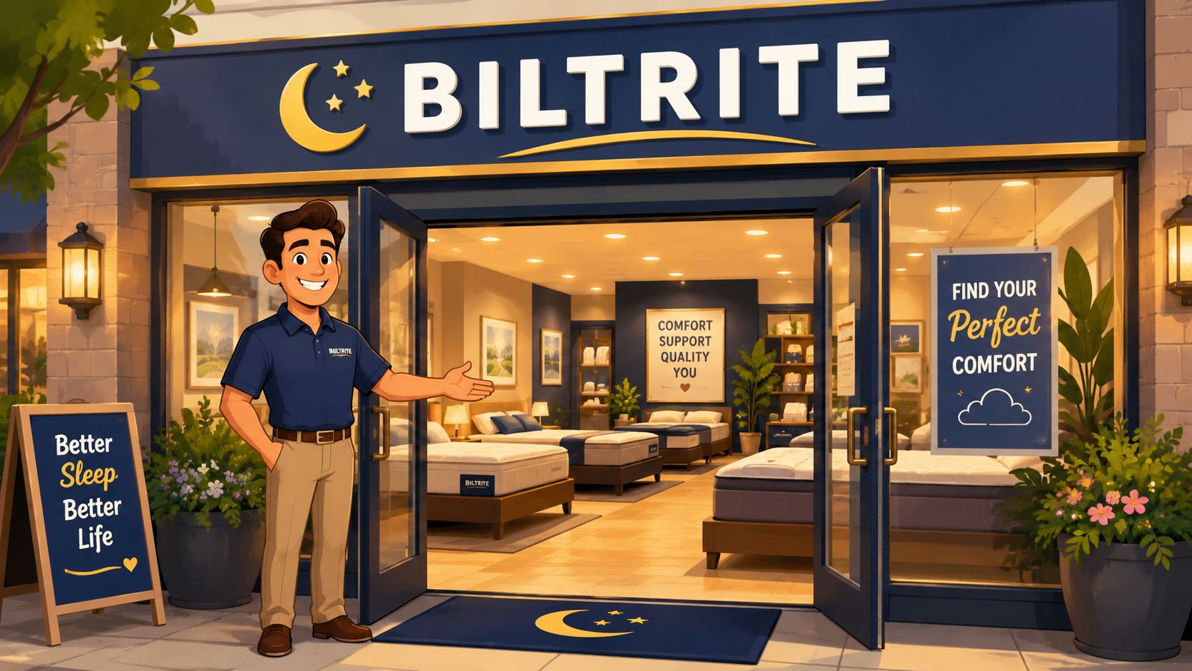 A friendly store clerk standing in front of a modern Biltrite mattress showroom inviting customers inside.