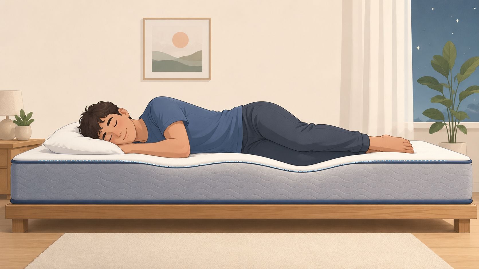 A person sleeping soundly on a comfortable memory foam mattress in a peaceful bedroom environment.
