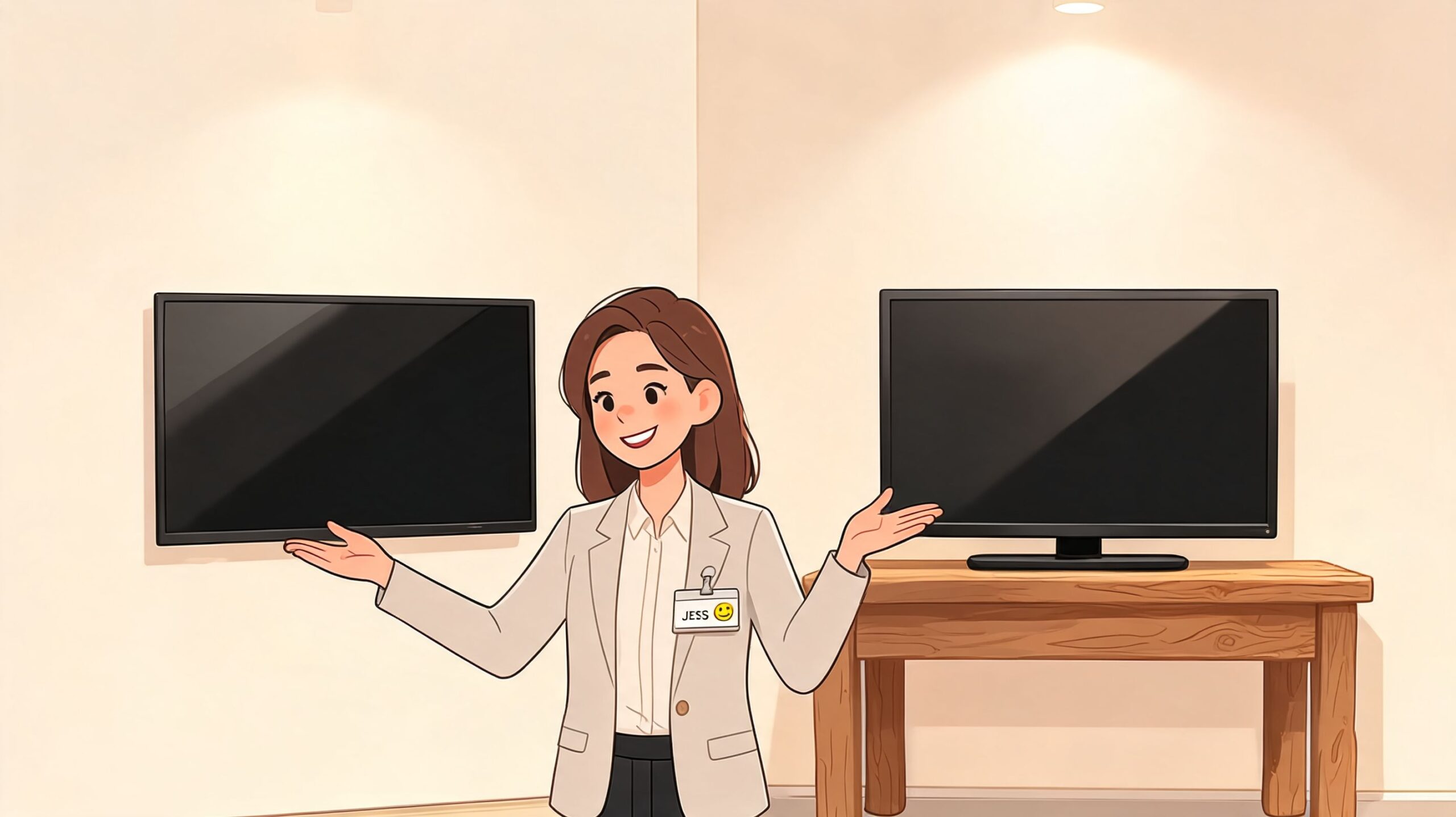 A professional woman showcasing a wall-mounted television and a television placed on a wooden table.