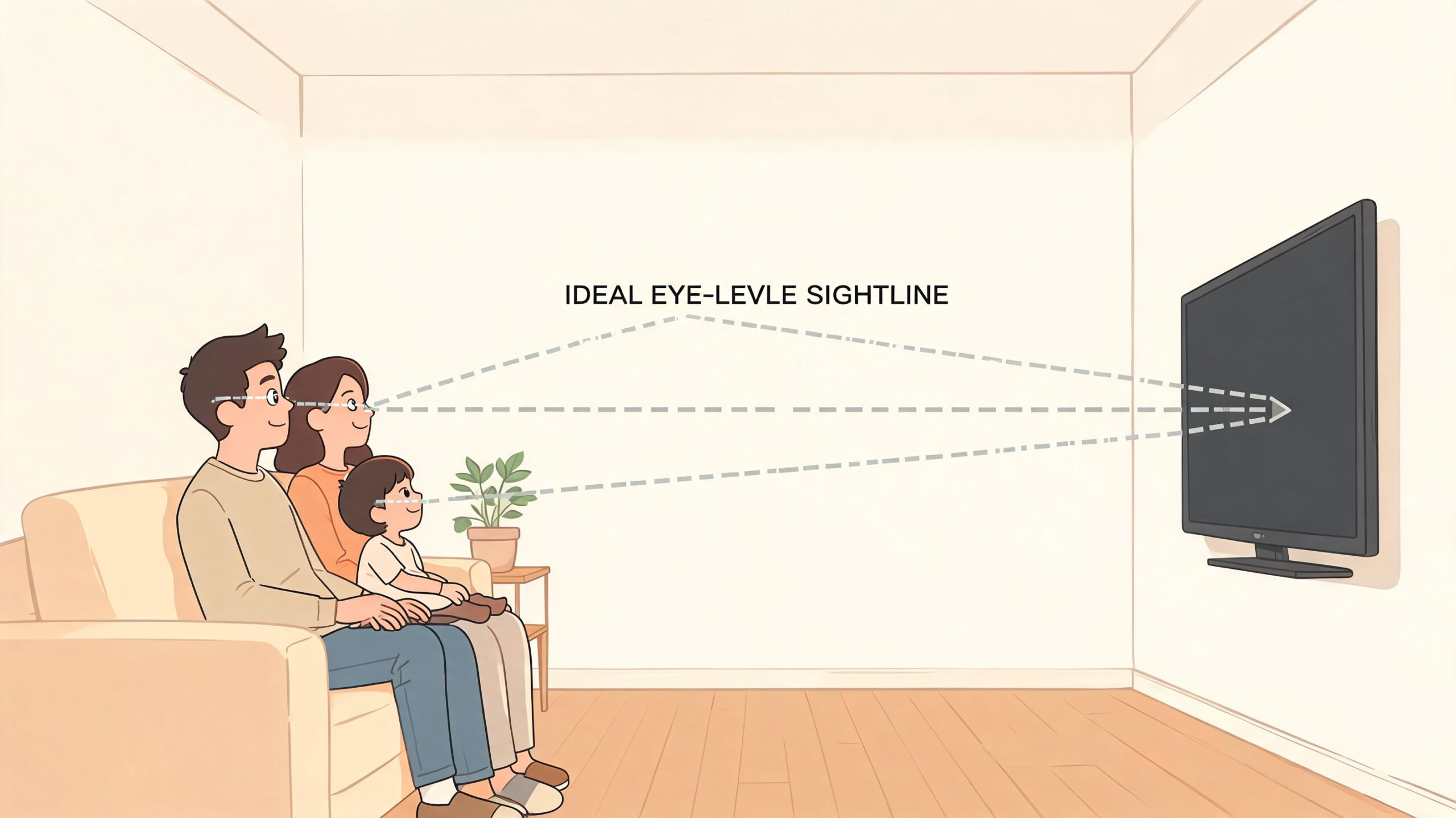 A family sitting on a sofa looking at a television mounted at the ideal eye-level sightline.