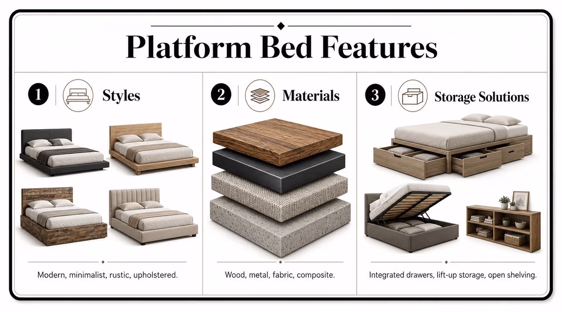 An infographic detailing platform bed features including various styles, material options, and diverse built-in storage solutions.