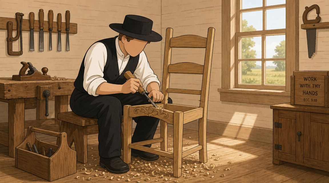 An Amish man skillfully carves a wooden chair by hand in a sunlit workshop filled with woodworking tools.