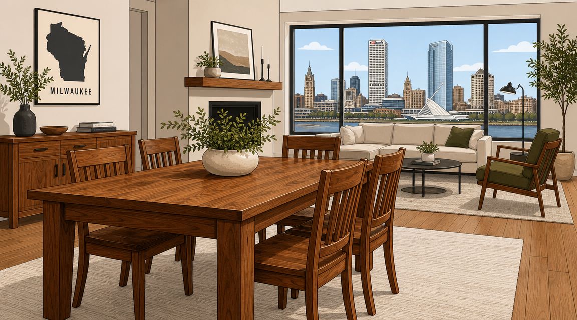 A modern dining room featuring a wooden table and chairs overlooking the Milwaukee city skyline.