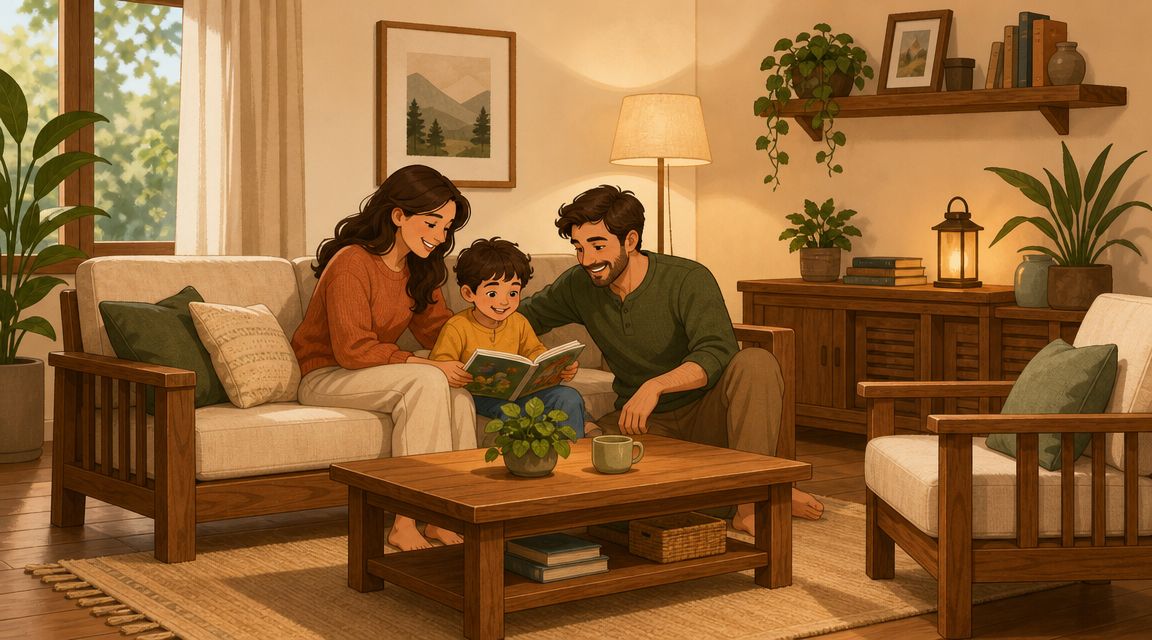 A warm, cozy scene of a young family reading a book together on a wooden living room sofa.
