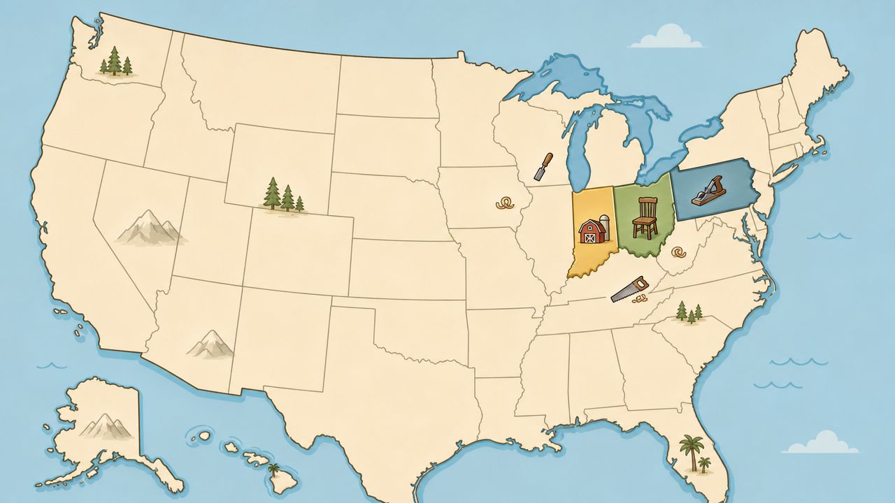A map of the United States highlighting states where Amish furniture is crafted.
