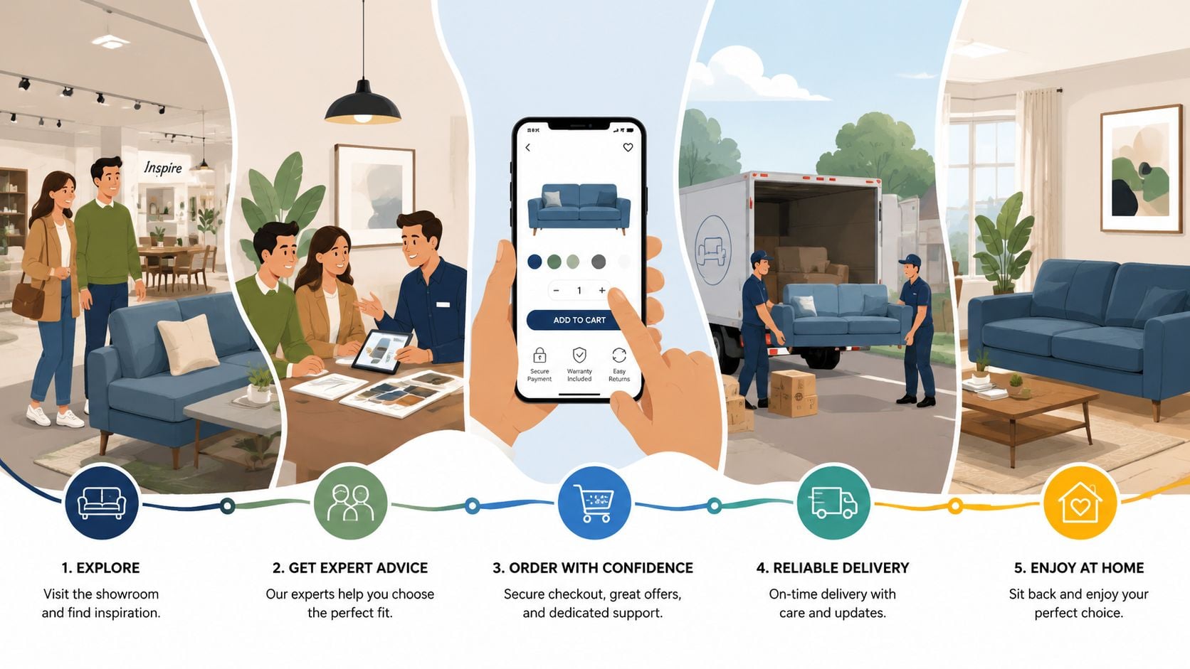 An infographic illustrating the five-step furniture purchasing process from showroom exploration to home delivery and enjoyment.