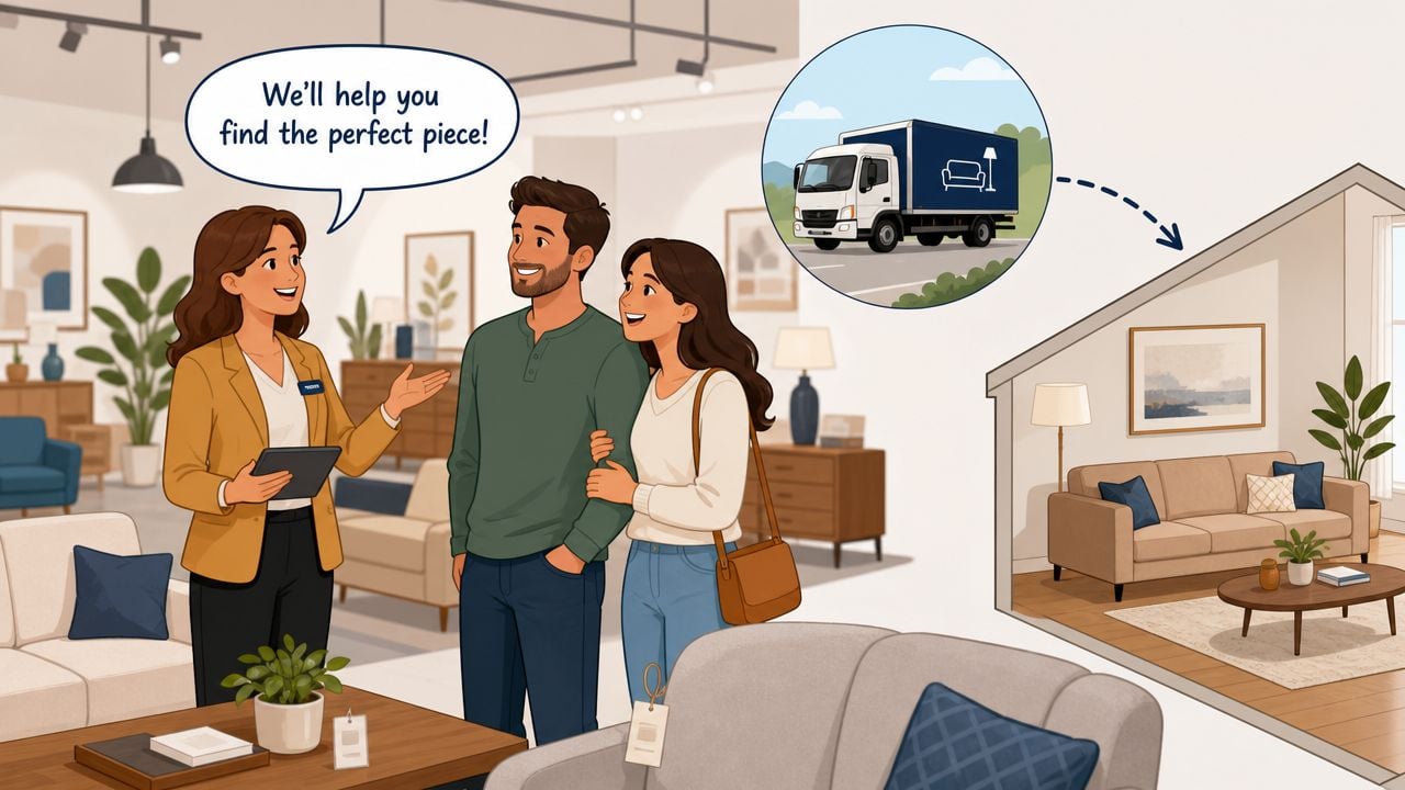 A friendly furniture store associate helping a couple select home decor with delivery services available.