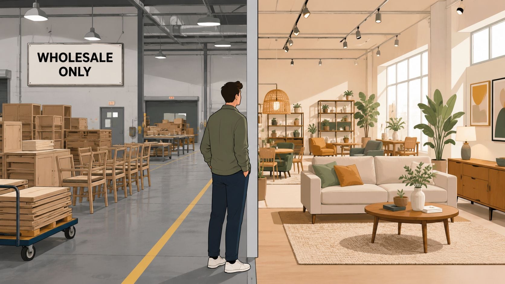 A man stands between a wholesale warehouse and a modern, stylish furniture showroom displaying living room decor.