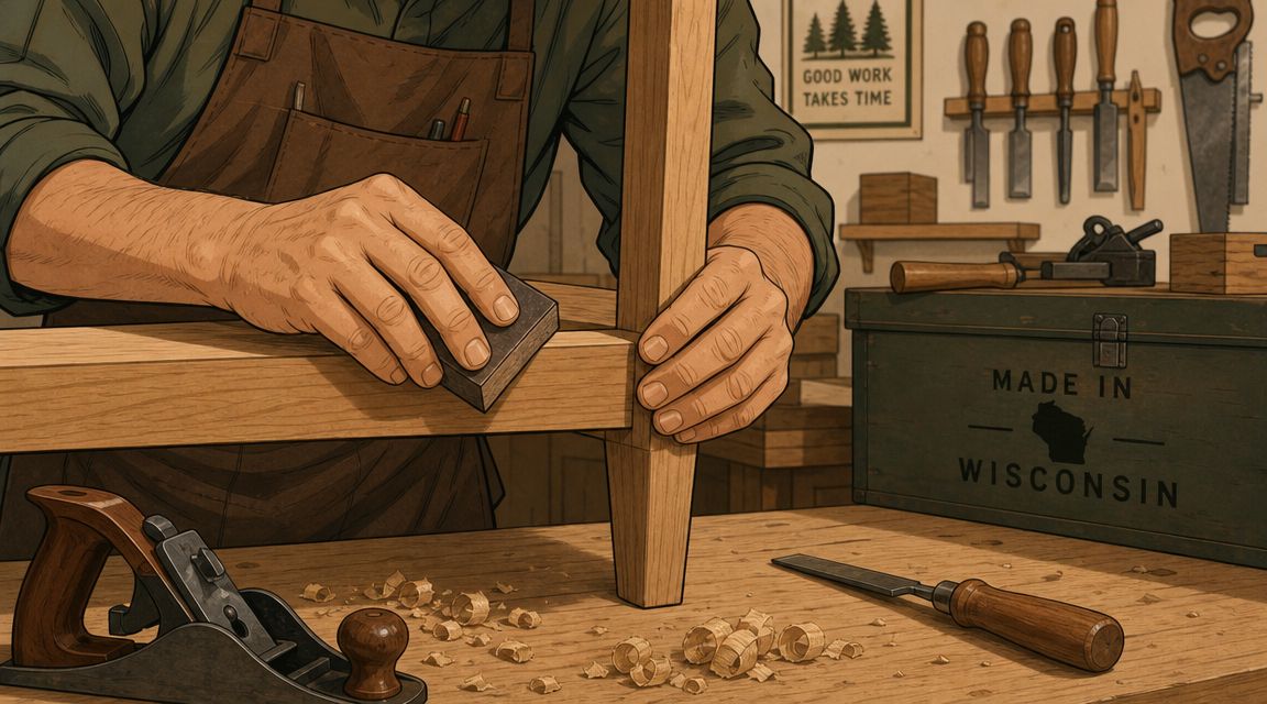 A skilled woodworker sands the leg of a custom wooden chair in a traditional workshop setting.