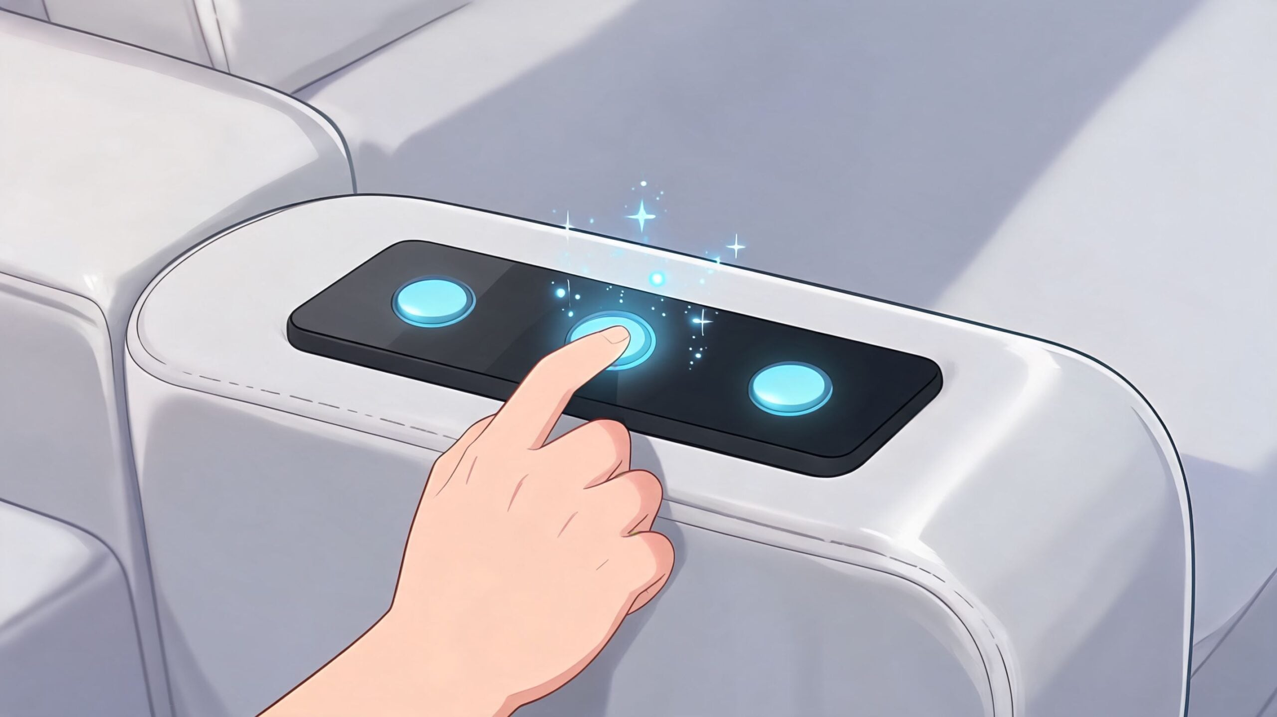 A close-up of a hand pressing a glowing blue button on the armrest of a futuristic sofa.