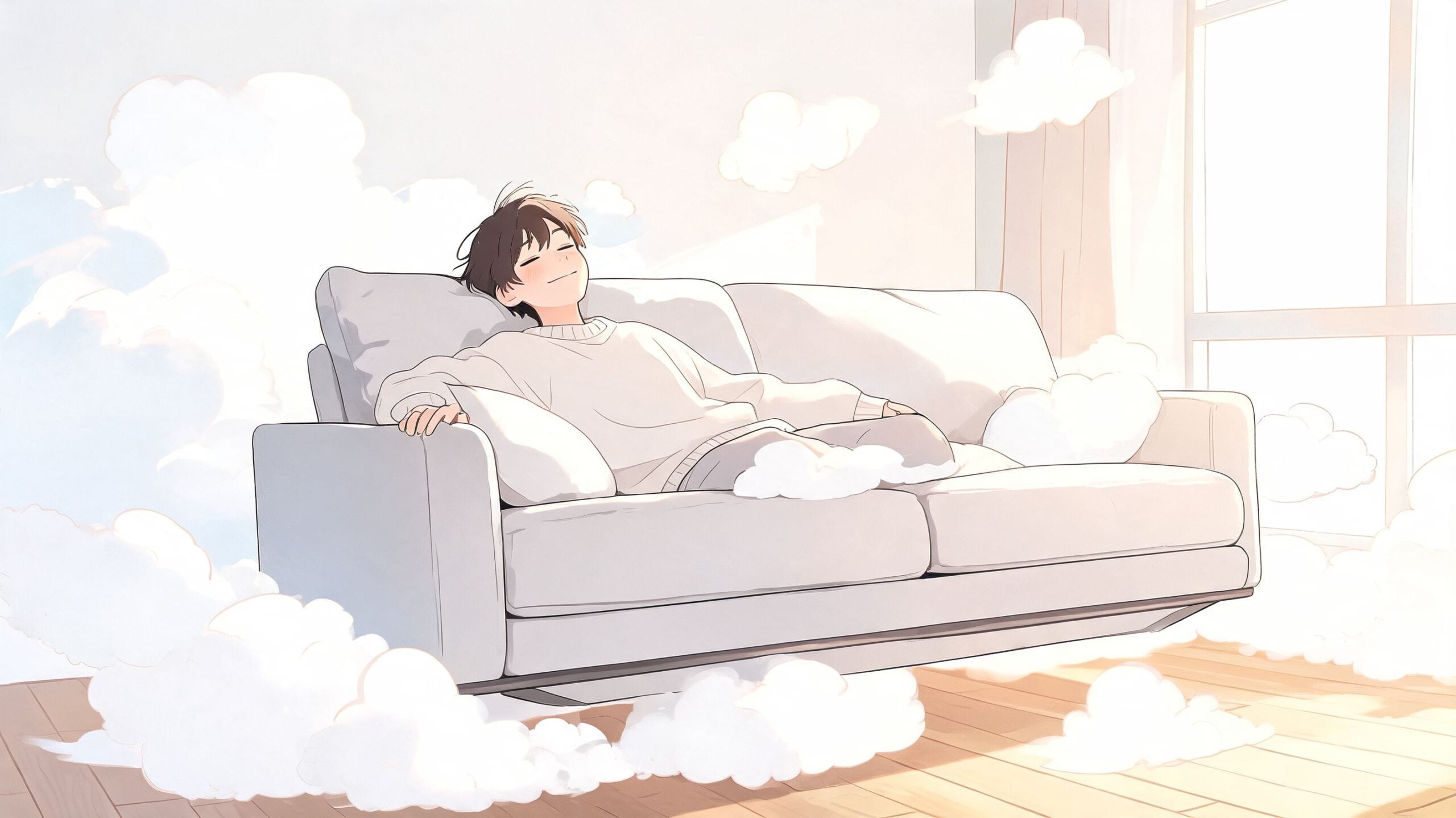 A young man with a peaceful expression relaxing on a white sofa floating amidst clouds in a bright room.