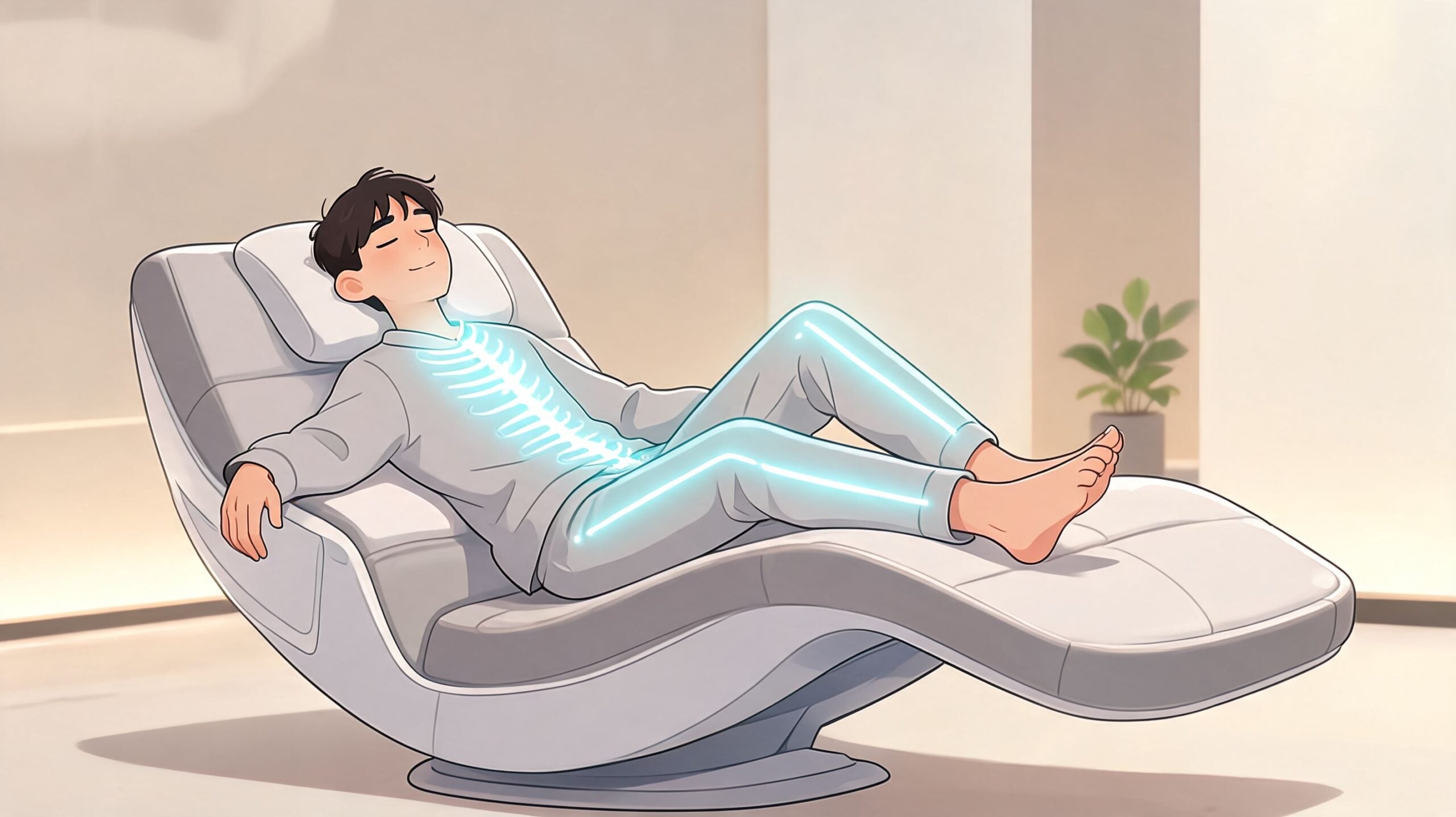 A relaxed man resting in a futuristic zero gravity reclining sofa with glowing skeletal outlines on his body.