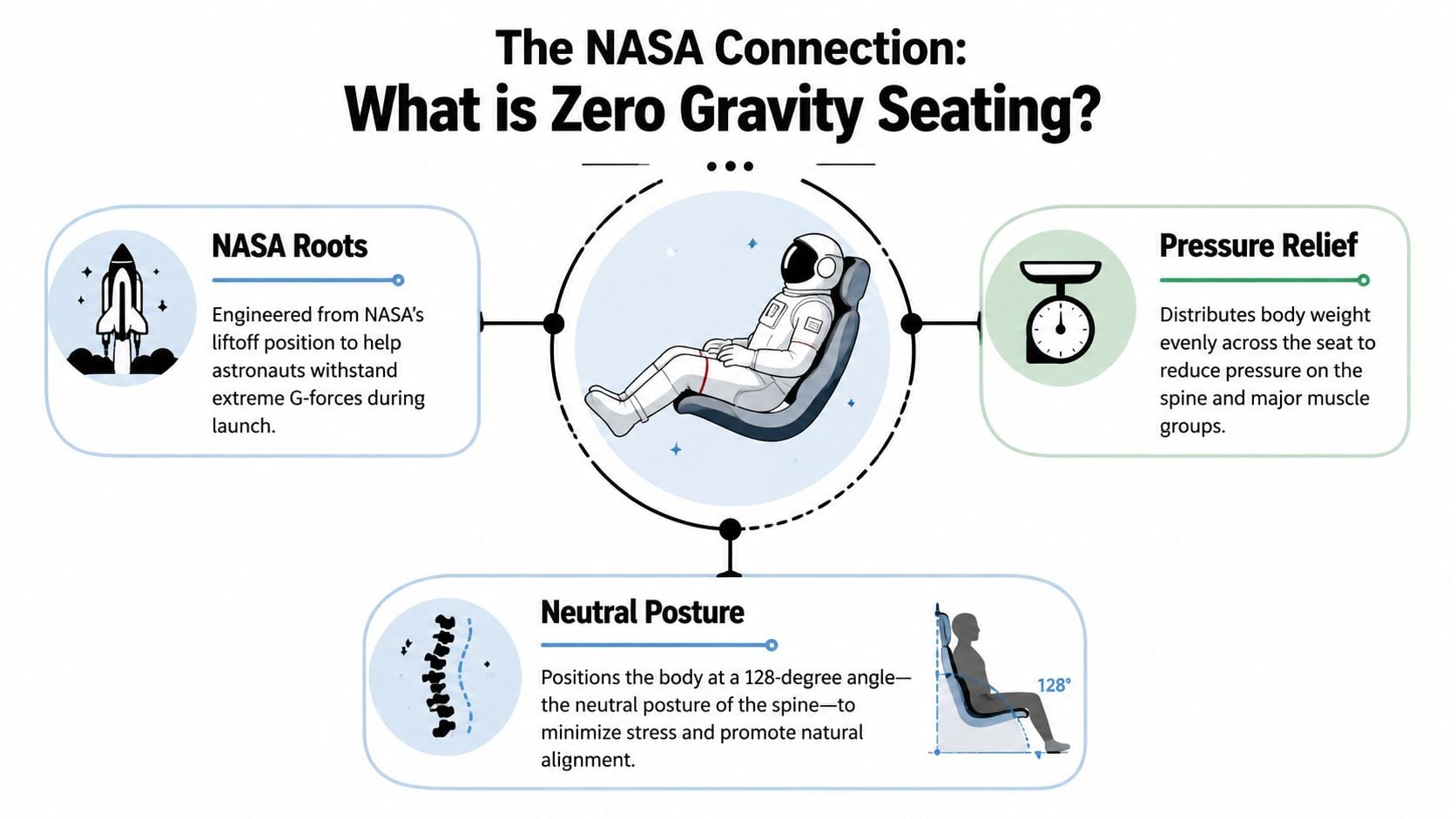 An infographic explaining the benefits and NASA origins of zero gravity seating positions for furniture.