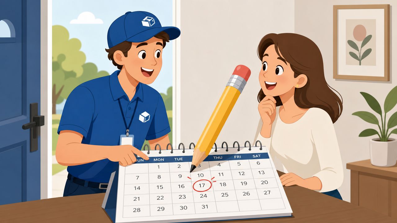 A delivery person shows a woman a calendar to schedule a delivery date on the seventeenth.