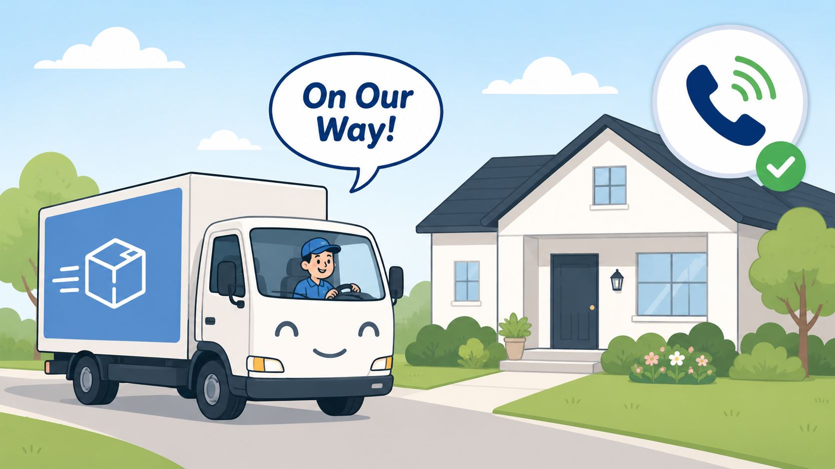 A friendly delivery truck driver arrives at a house with a mobile phone icon indicating scheduled delivery.