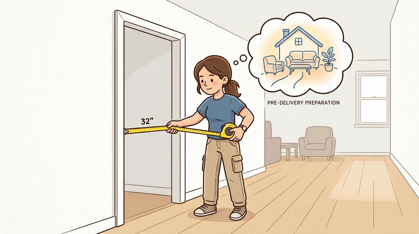 A woman measuring a doorway with a tape measure to prepare for furniture delivery in her home.