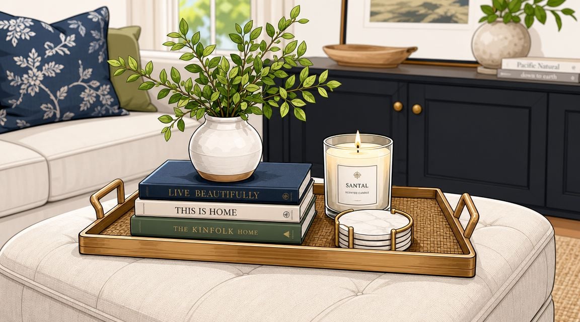 A decorative gold metal tray on a tufted ottoman holds stacked books, a white vase with greenery, and a candle.