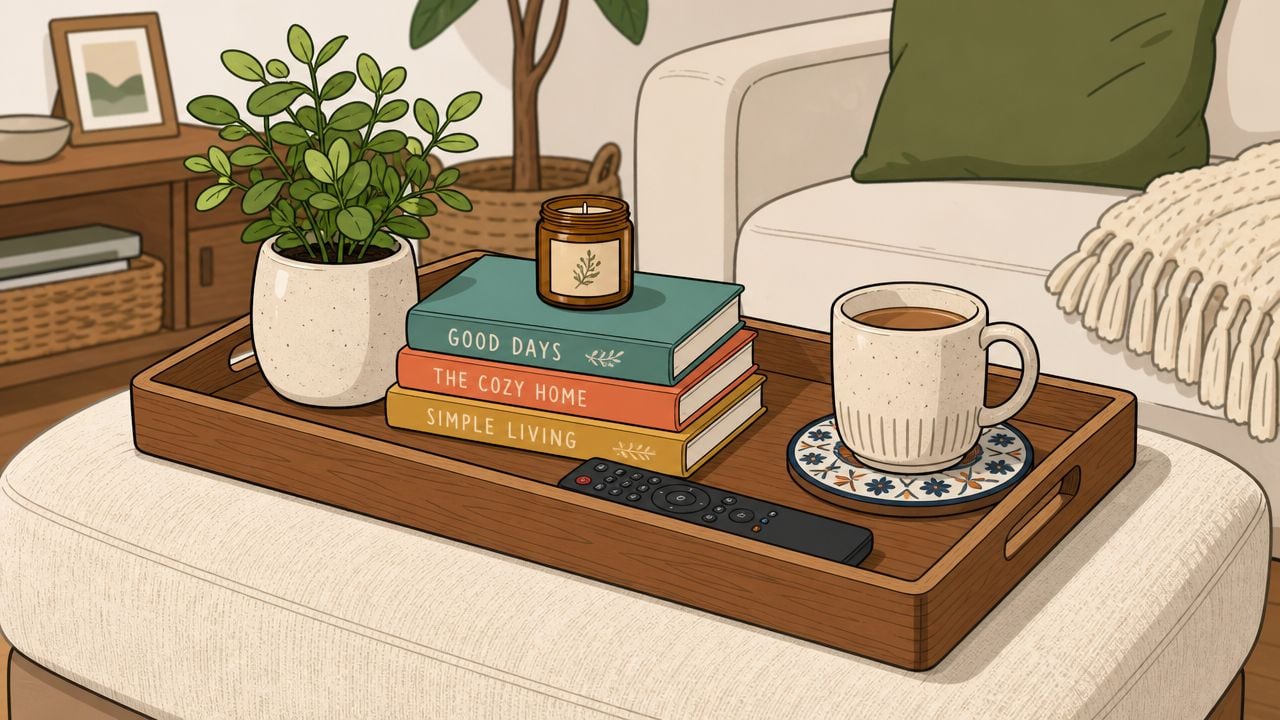 A wooden tray on an ottoman featuring books, a potted plant, a mug, and a television remote.