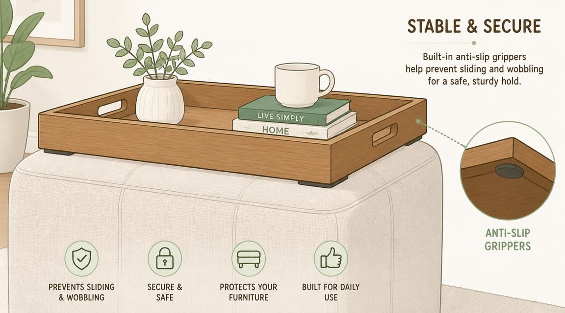 A wooden decorative tray with anti-slip grippers resting securely on top of a soft white ottoman.