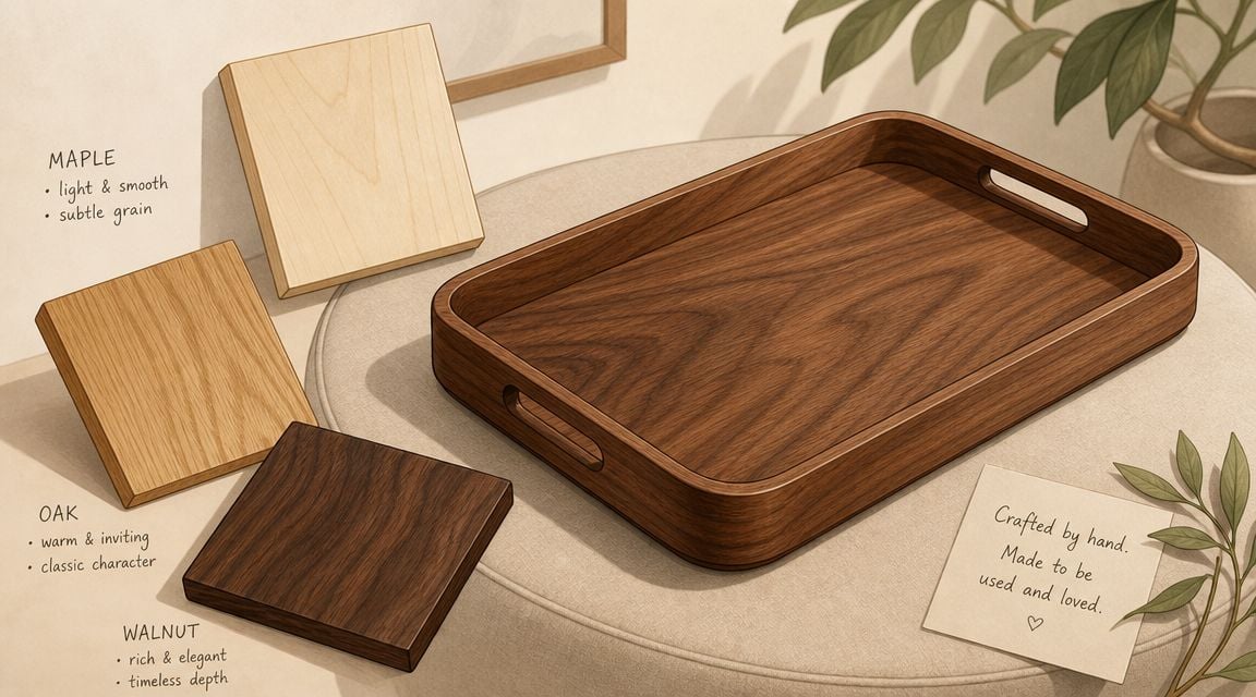 A handcrafted rectangular wooden tray on a soft cushion with three wood samples displayed beside it.