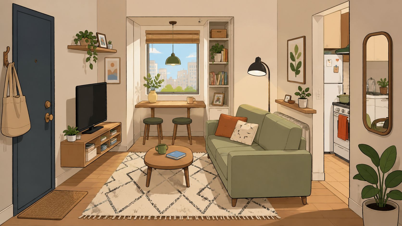 A cozy, sunlit living room featuring a green sofa, a patterned area rug, and minimalist apartment decor.