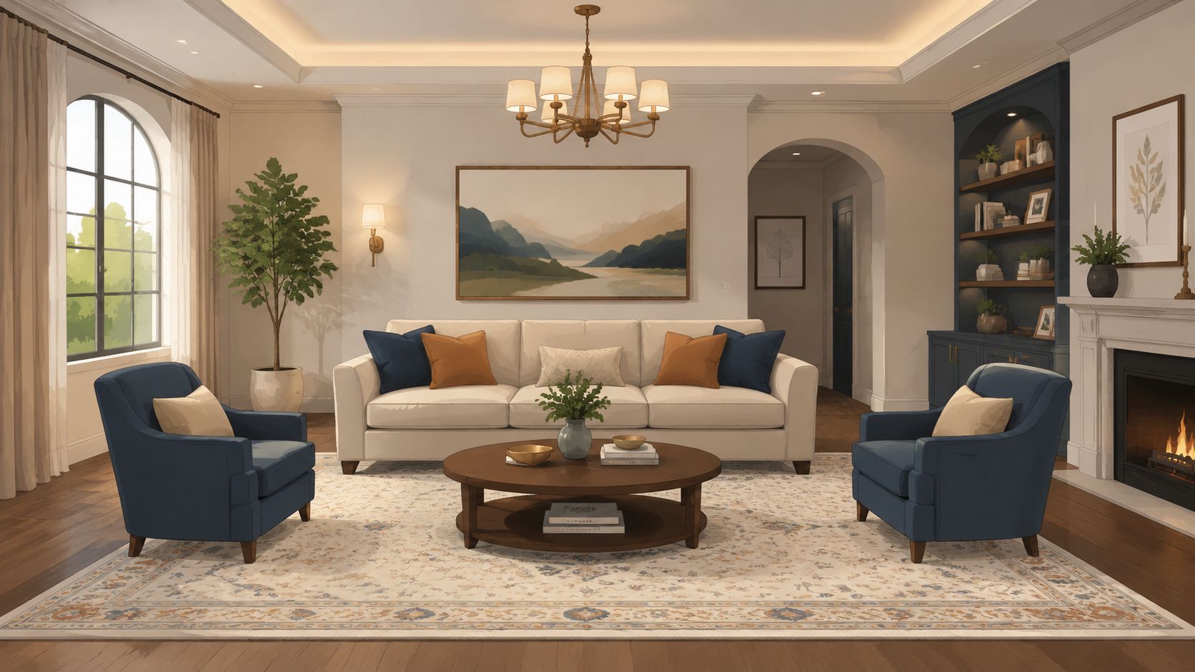 A sophisticated living room featuring a cream sofa, blue armchairs, and a large patterned area rug.