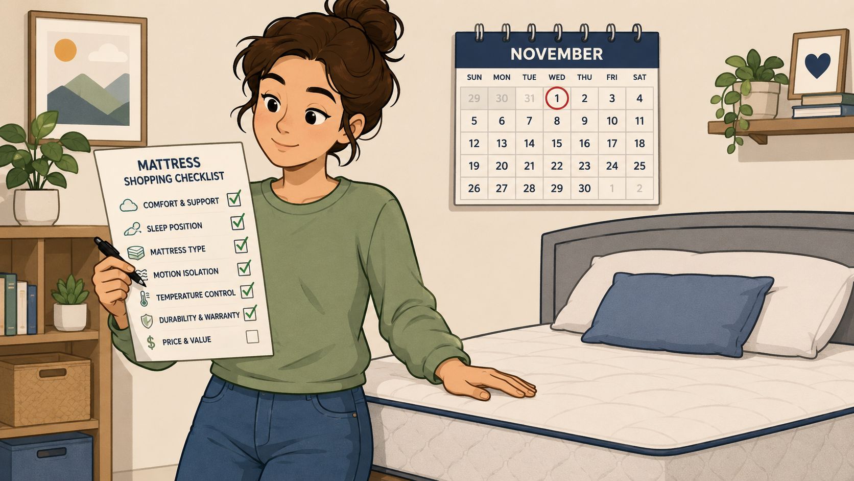 A woman holding a mattress shopping checklist with a pen standing next to a bed in bedroom.