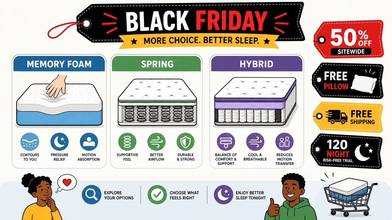 A Black Friday promotion graphic illustrating memory foam, spring, and hybrid mattress types with special purchase benefits.