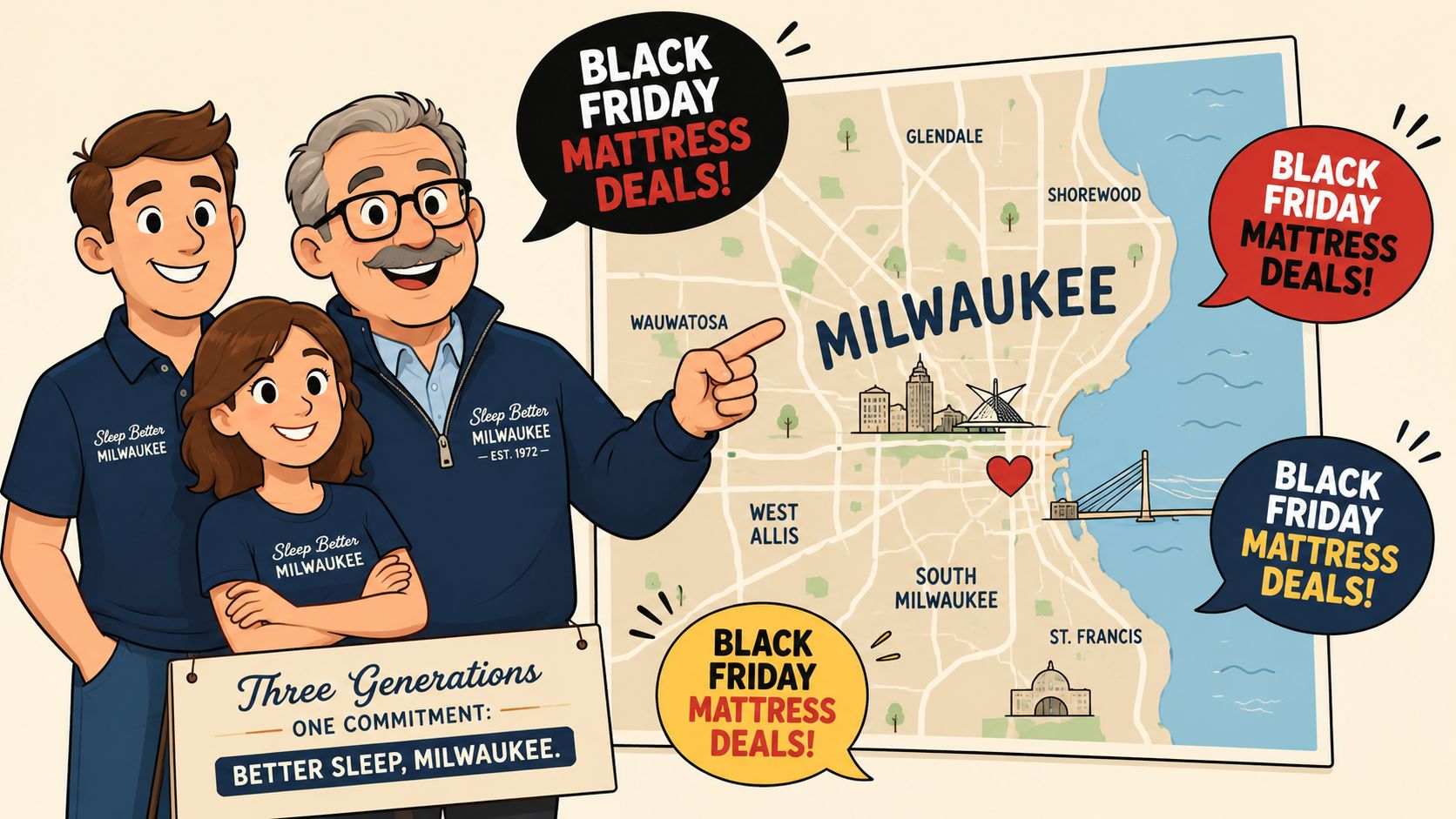 A family of three generations pointing at a map of Milwaukee advertising Black Friday mattress deals.