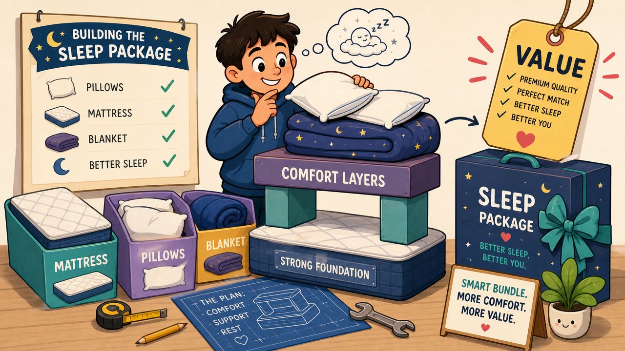 An illustration of a young boy assembling a sleep package containing a mattress, pillows, and a blanket.