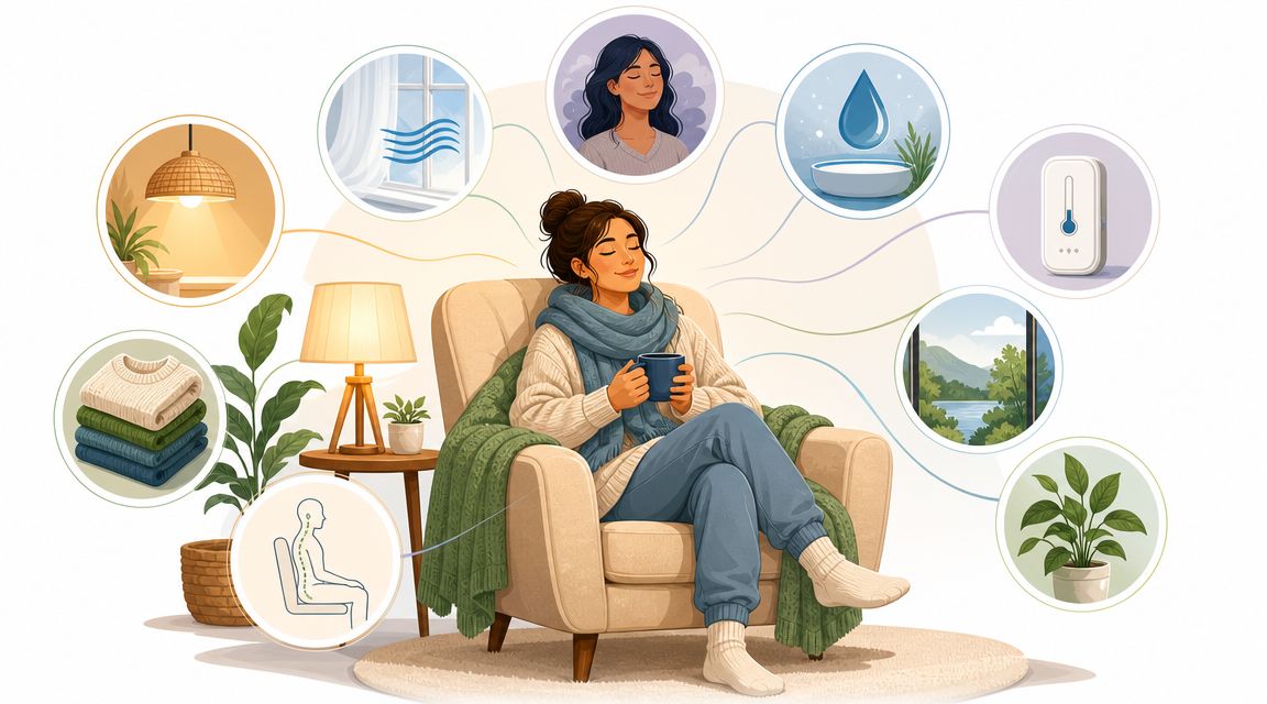 A woman relaxing in a cozy chair surrounded by icons representing comfort, proper posture, warmth, and wellness.