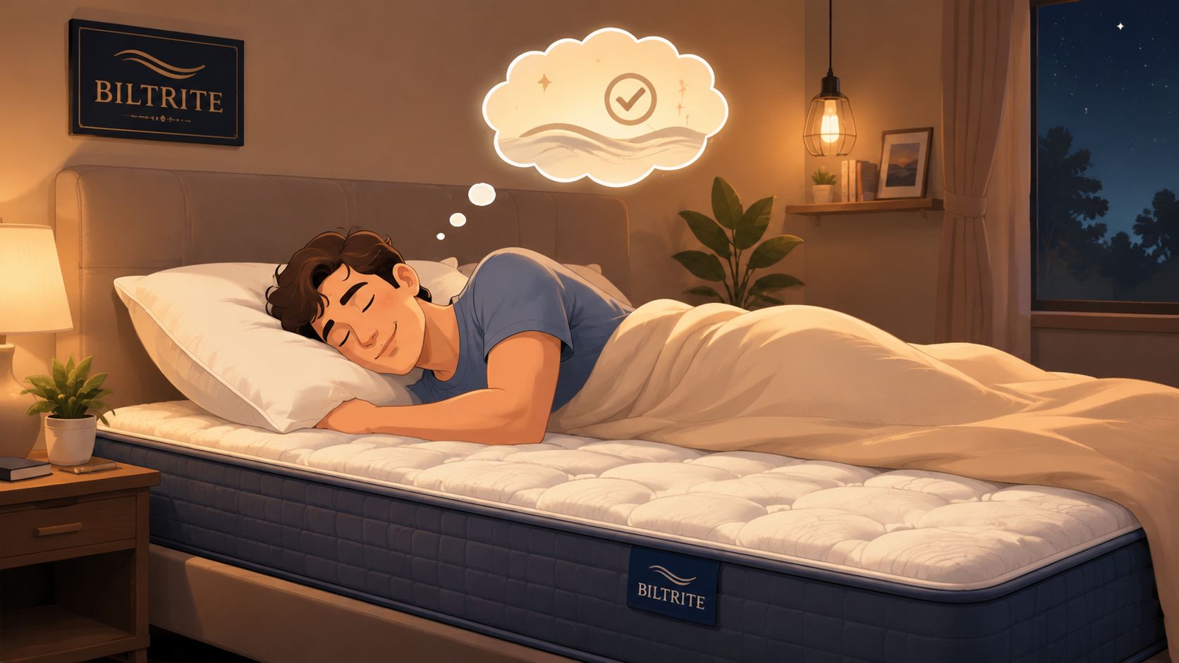 A happy man sleeping peacefully on a comfortable Biltrite mattress at night in a cozy bedroom setting.
