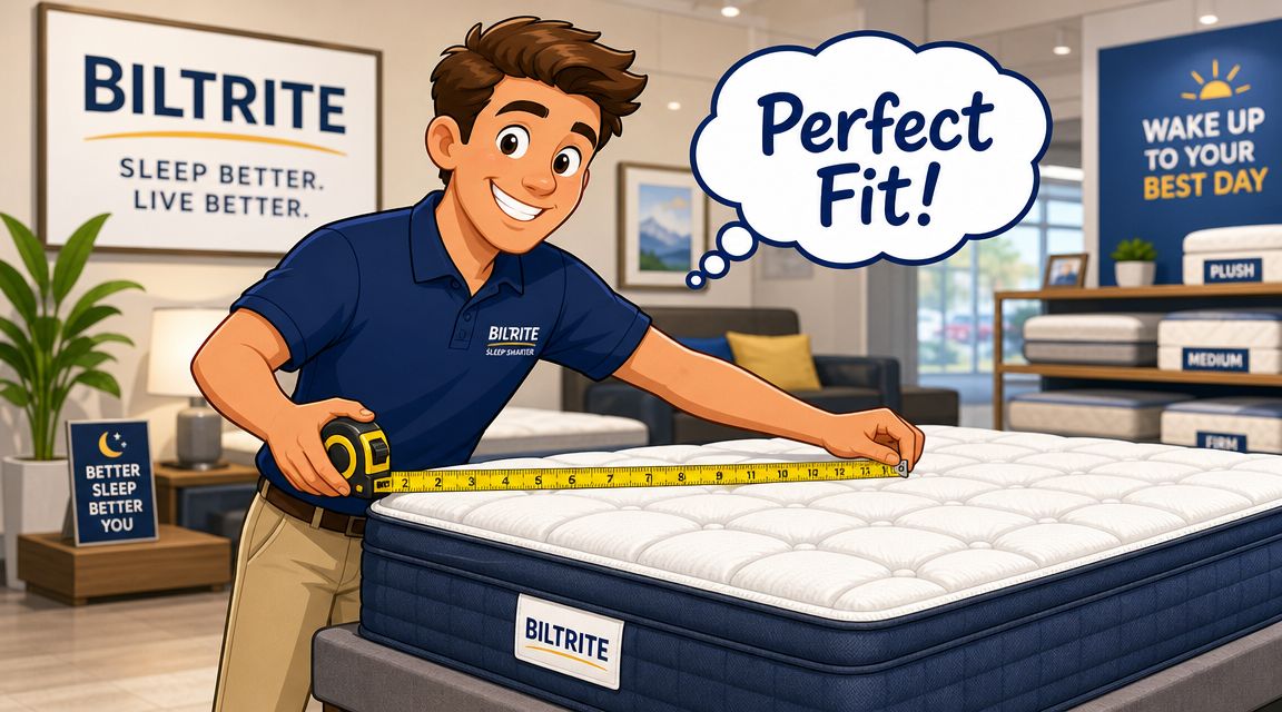 A smiling Biltrite store associate measuring a mattress in a furniture showroom with a tape measure.