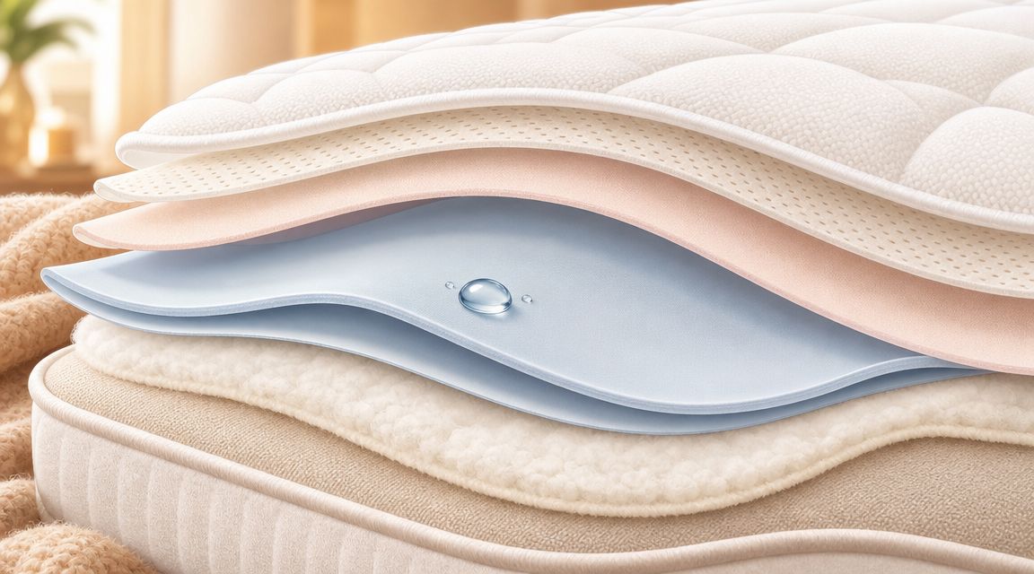 A cross-section illustration showing the multiple layers of a soft, white, waterproof mattress protector and pad.