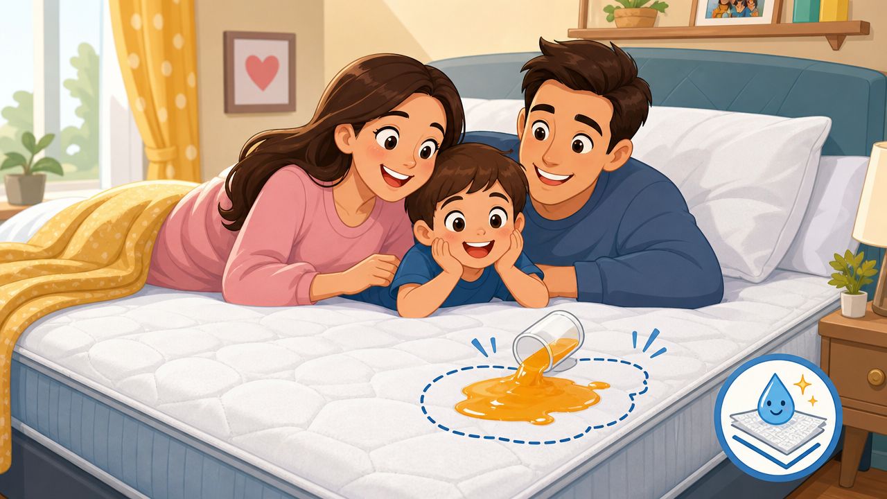 A happy family watches as juice spills onto a protected white mattress on their bed.