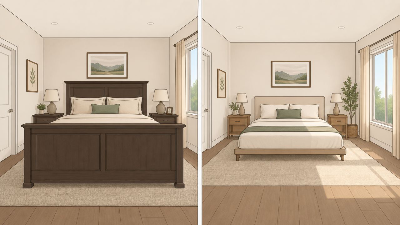 A side-by-side comparison of a bedroom featuring a dark wood bed frame versus a modern upholstered bed.