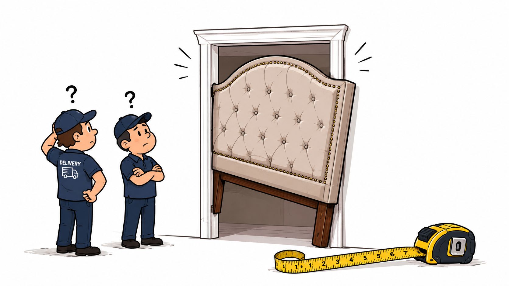 Two delivery workers looking confused at a queen size headboard stuck in a bedroom doorway.