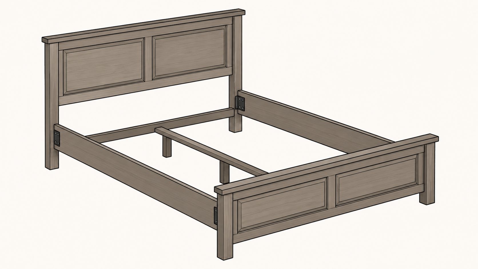 A minimalist wooden bed frame featuring a headboard, footboard, and center support beams in a studio setting.