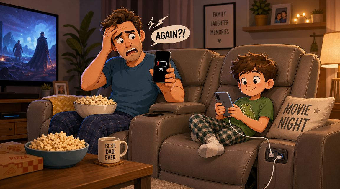 A father looking frustrated at his dying phone while his son charges his device using a sofa.