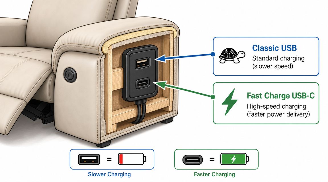 A diagram showing a recliner sofa's built-in USB-A and USB-C charging ports with speed comparison icons.