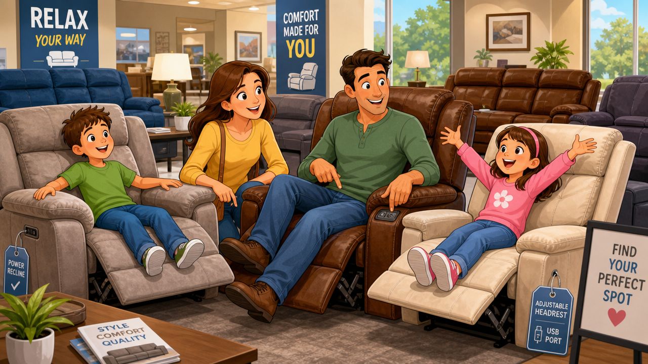 A happy family testing out comfortable recliners with built-in USB charging ports in a furniture store.