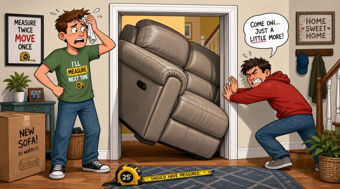 Two men struggle to fit a large gray reclining sofa through a narrow interior doorway at home.