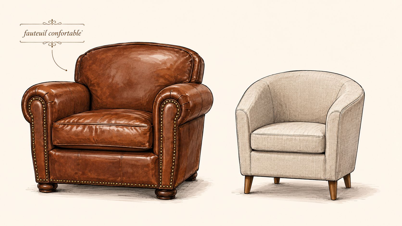 A digital illustration showing a brown leather armchair with metal studs and a small beige fabric tub chair.