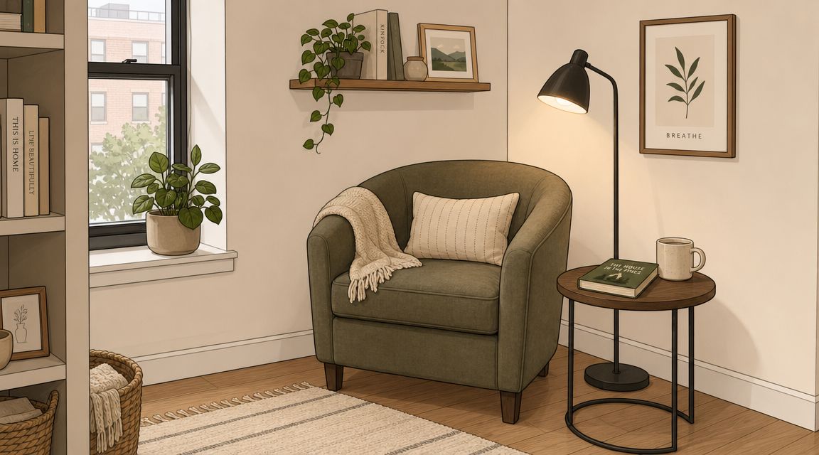 A cozy reading nook featuring a green armchair, a small side table, a floor lamp, and a window.
